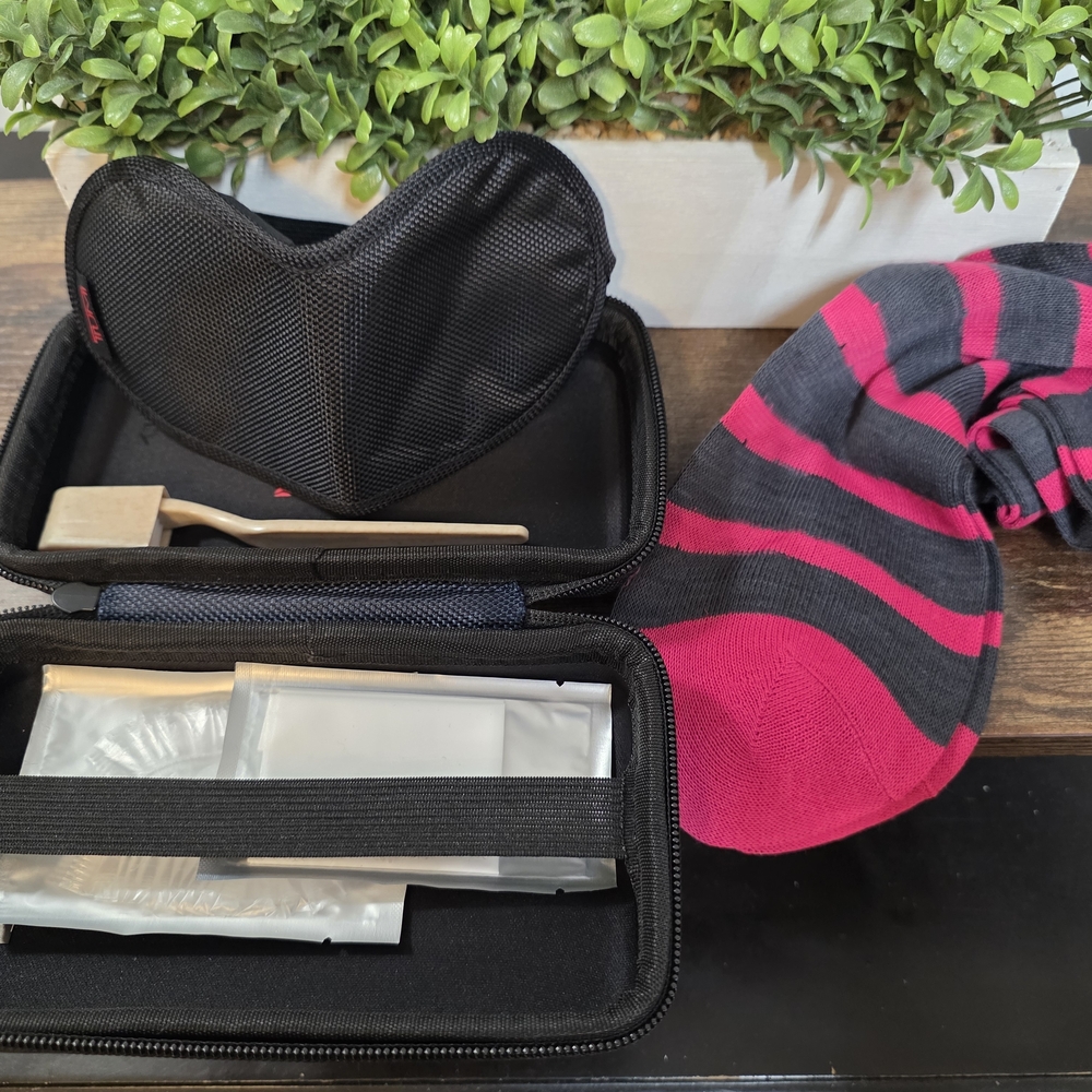 Tumi Black Travel Accessory Set with Pink Striped Socks